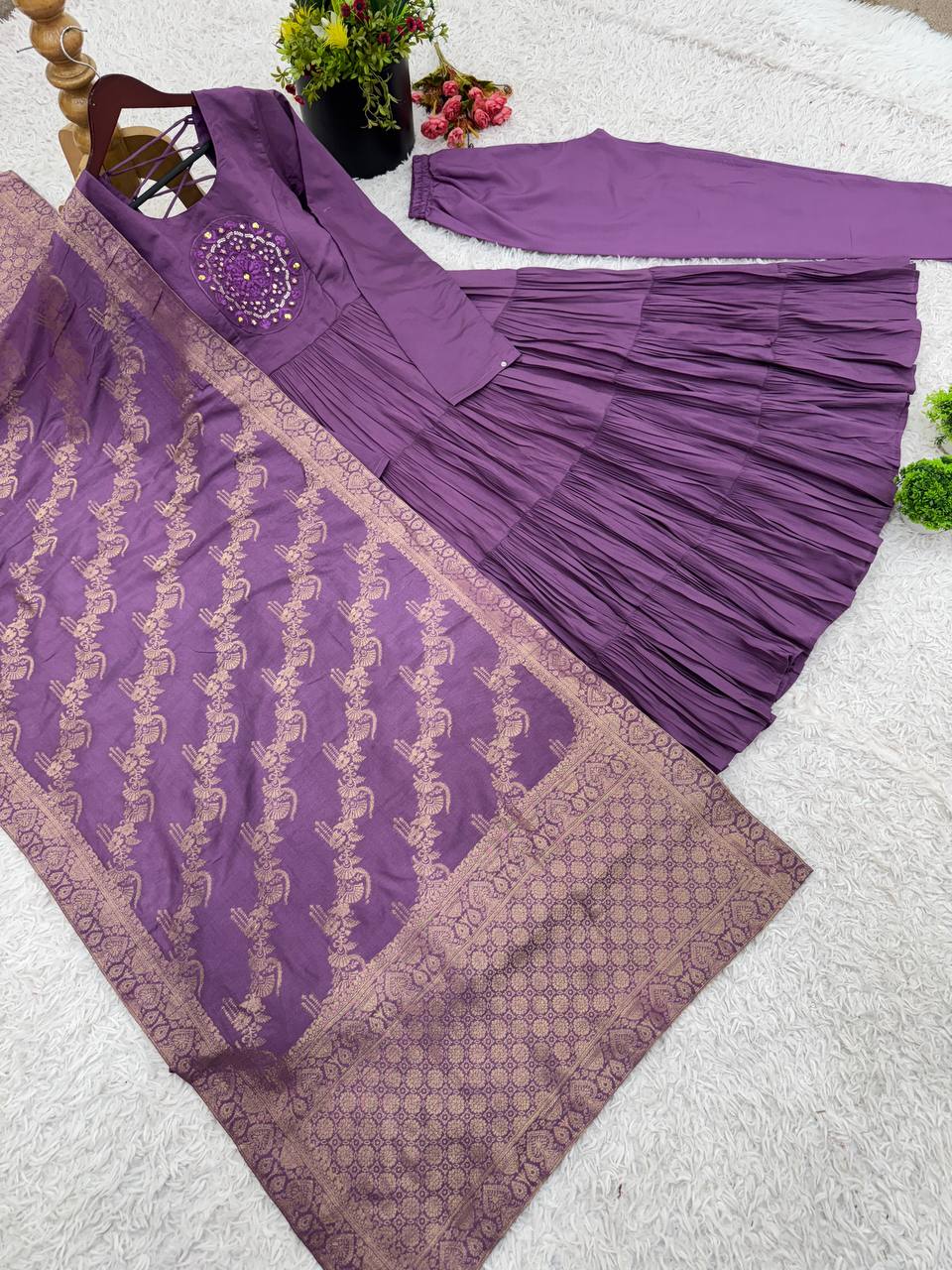Occasion Wear Purple Color Heavy Embroidery Sequence Work Gown With Dupatta