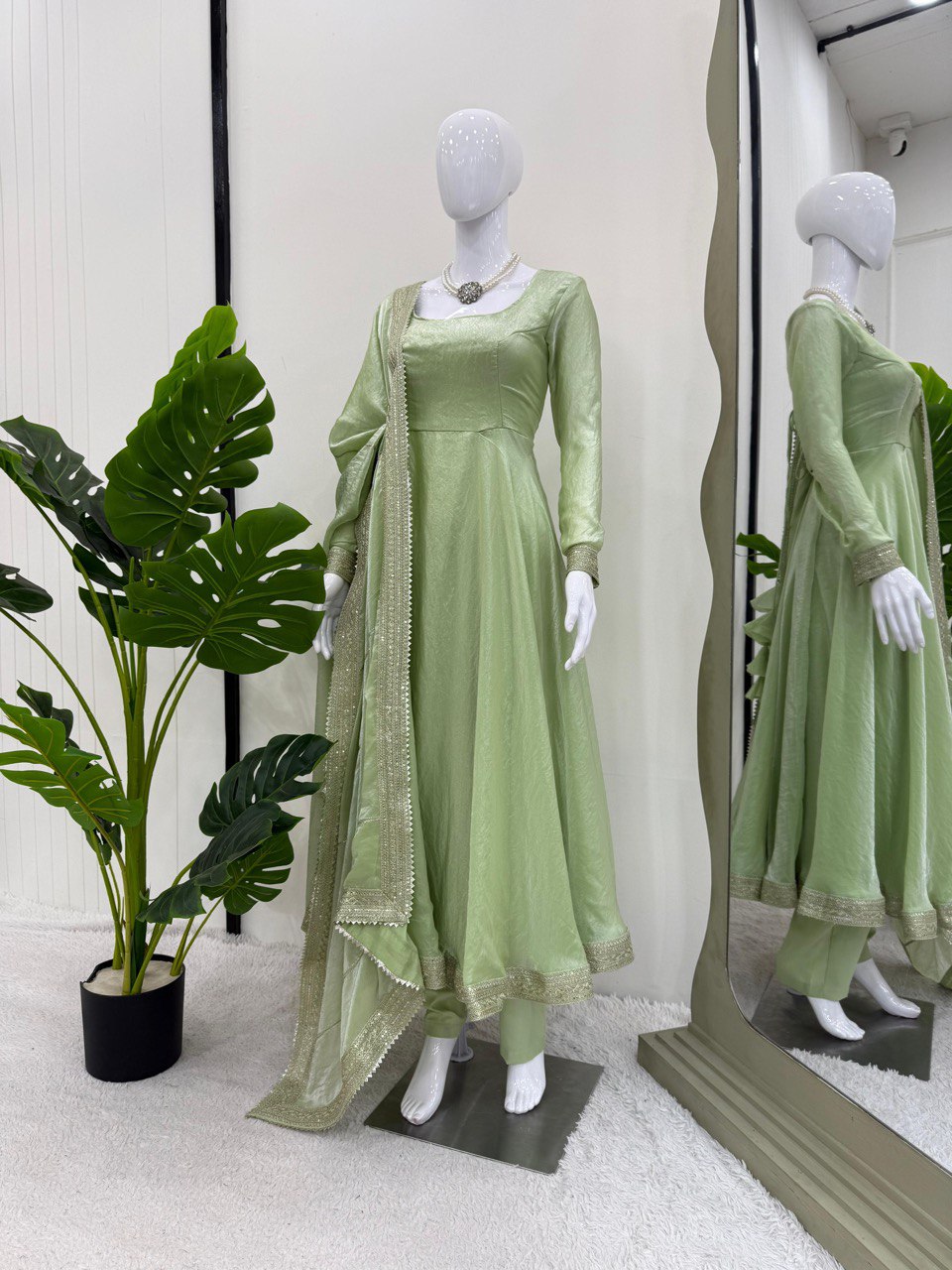 Gorgeous Pista Color Designer Anarkali Gown