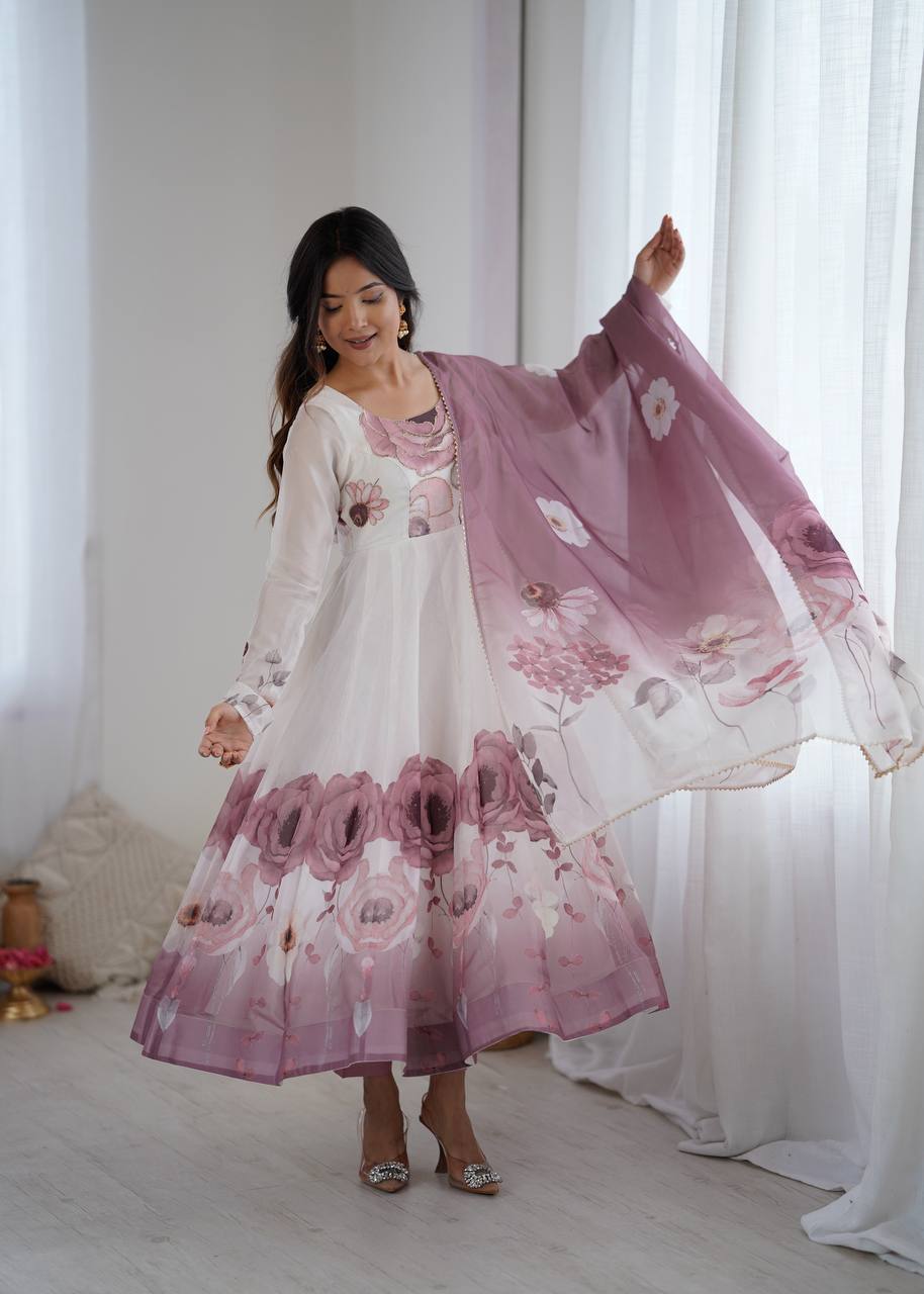 Onion Pink Floral Organza  Designer Anarkali Suit Set