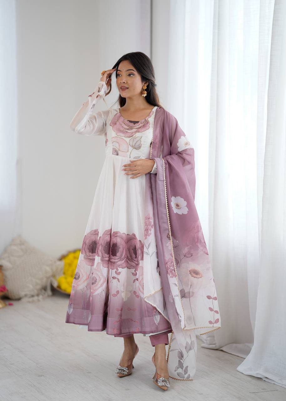 Onion Pink Floral Organza  Designer Anarkali Suit Set