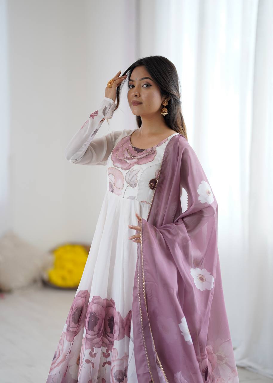 Onion Pink Floral Organza  Designer Anarkali Suit Set
