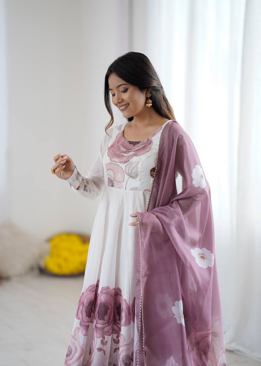 Onion Pink Floral Organza  Designer Anarkali Suit Set