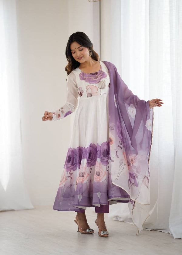 Lavender Color Floral Organza Designer Anarkali Suit Set