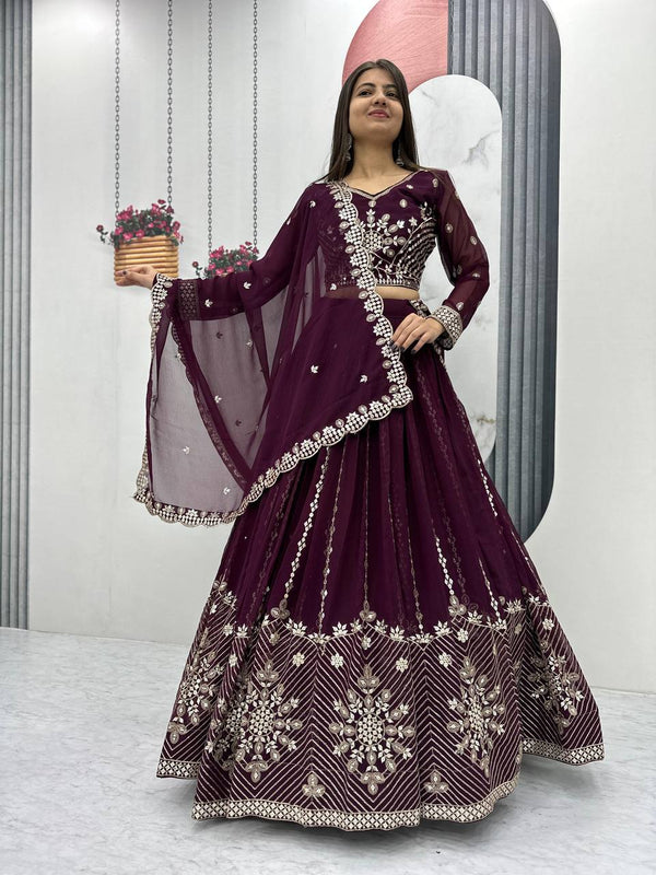 Reception Wear Wine Color Heavy Faux Georgette And Embroidery Sequence Work Lehenga Choli