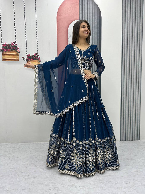 Reception Wear Navy Color Heavy Faux Georgette And Embroidery Sequence Work Lehenga Choli