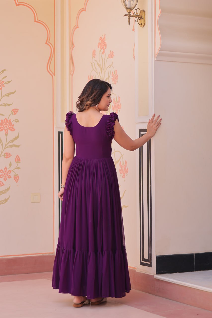 Ceremony Wear Purple Color Faux Blooming With Sequins With Embroidered Work Gown