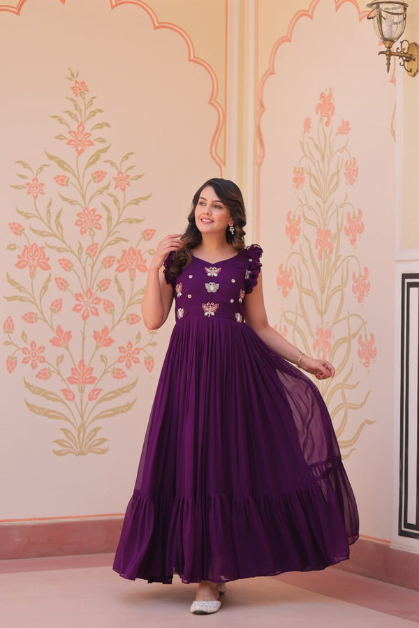 Ceremony Wear Purple Color Faux Blooming With Sequins With Embroidered Work Gown