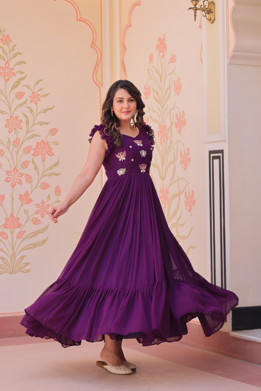 Ceremony Wear Purple Color Faux Blooming With Sequins With Embroidered Work Gown