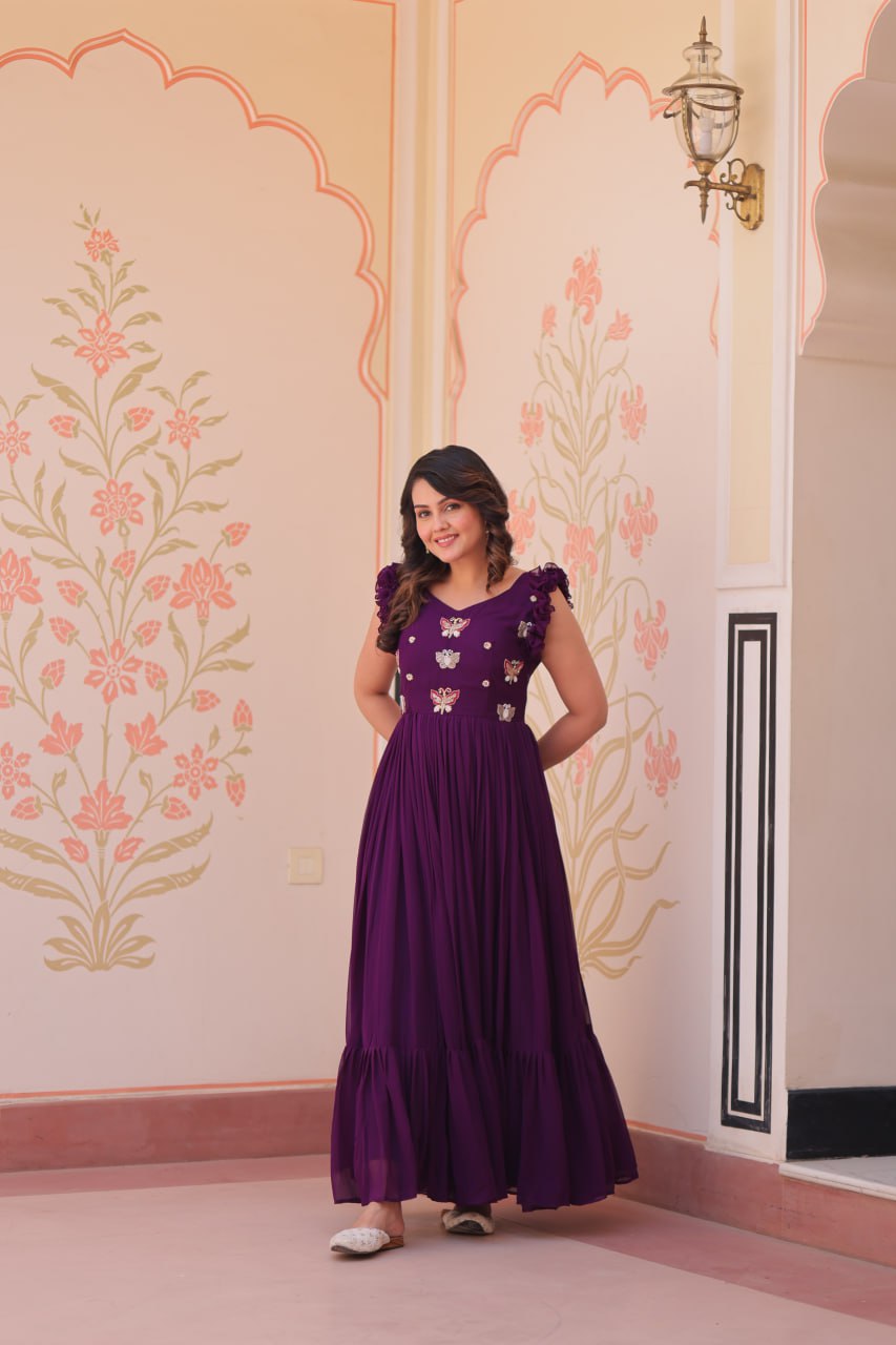 Ceremony Wear Purple Color Faux Blooming With Sequins With Embroidered Work Gown