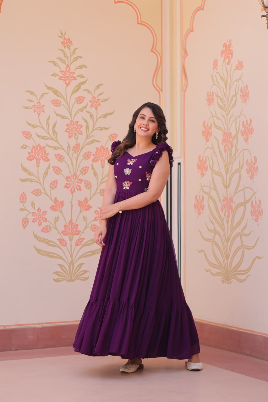 Ceremony Wear Purple Color Faux Blooming With Sequins With Embroidered Work Gown