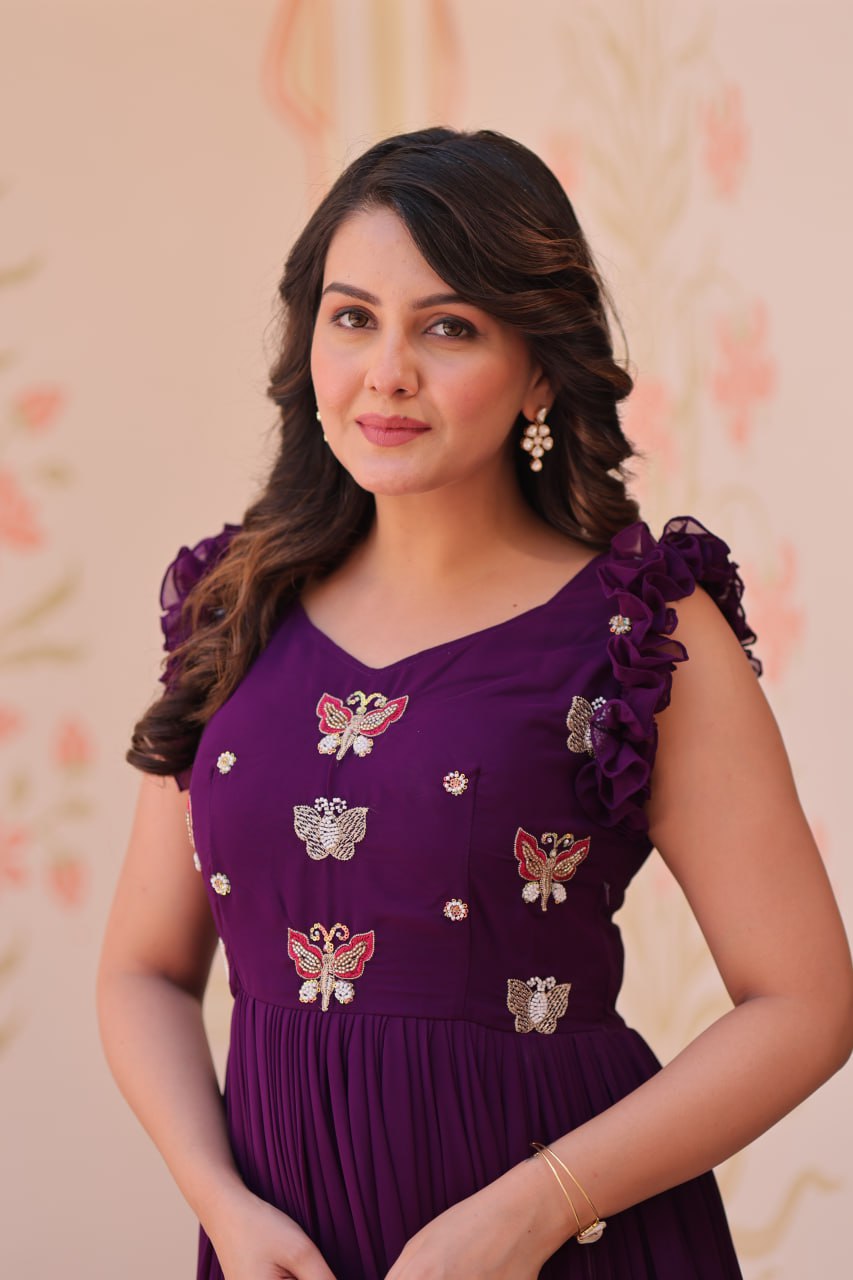 Ceremony Wear Purple Color Faux Blooming With Sequins With Embroidered Work Gown