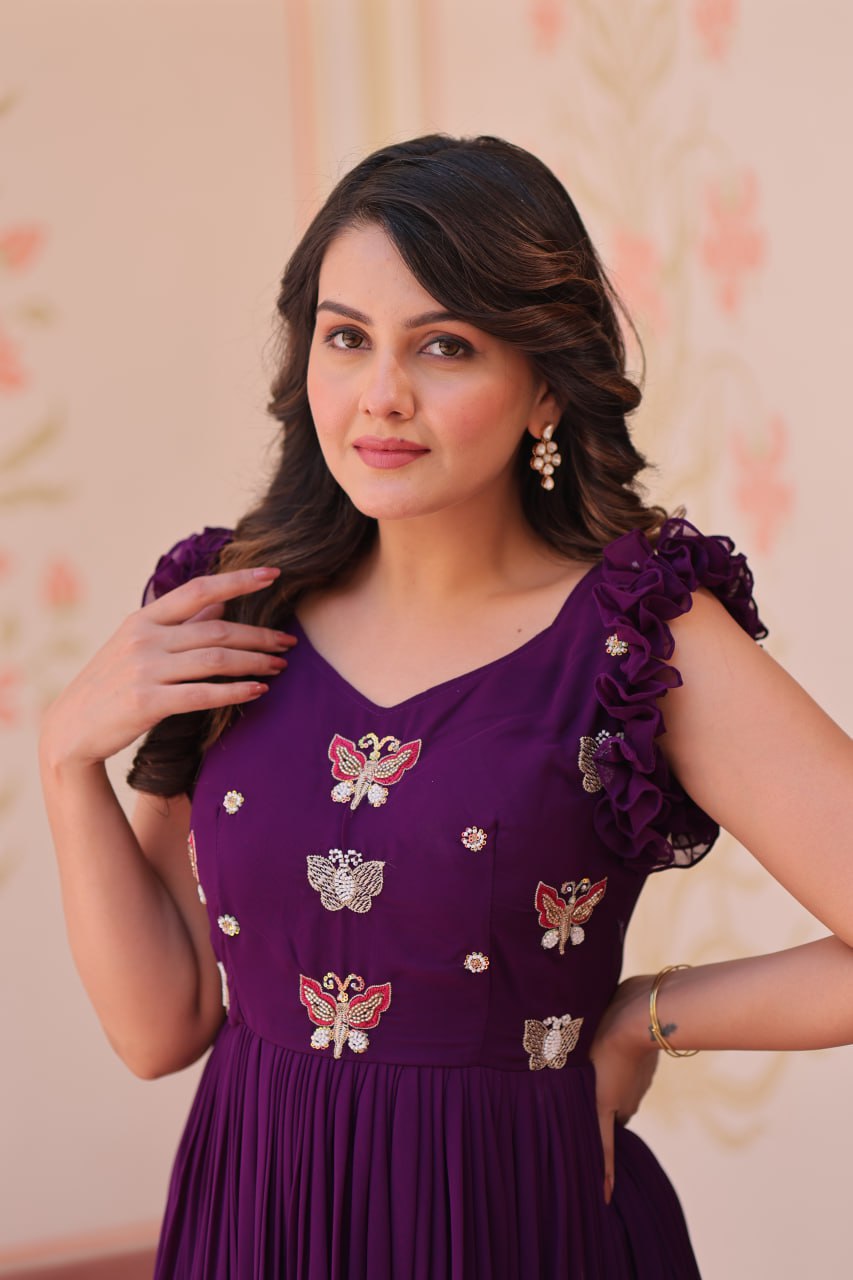 Ceremony Wear Purple Color Faux Blooming With Sequins With Embroidered Work Gown