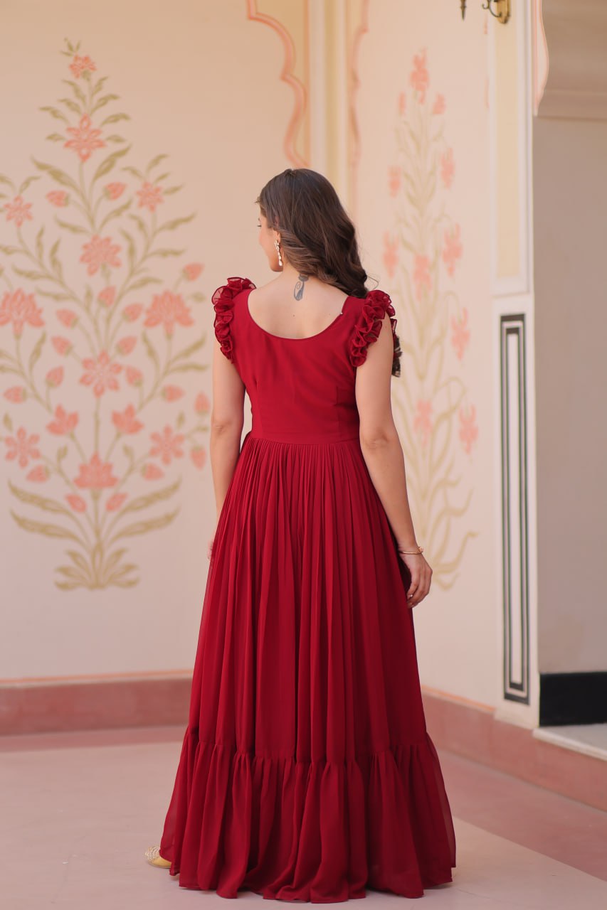 Ceremony Wear Maroon Color Faux Blooming With Sequins With Embroidered Work Gown