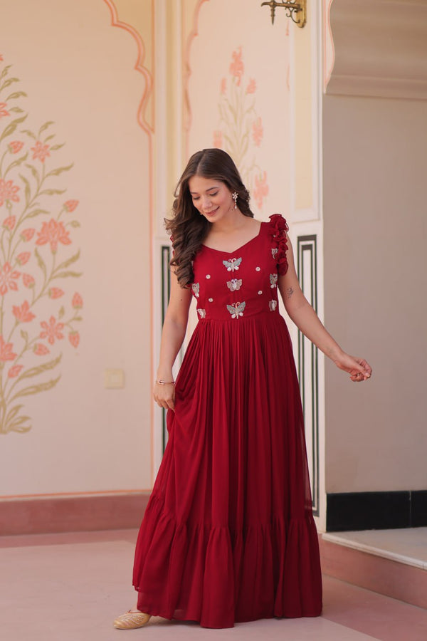 Ceremony Wear Maroon Color Faux Blooming With Sequins With Embroidered Work Gown