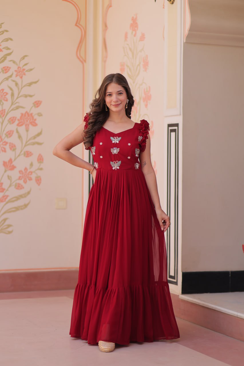 Ceremony Wear Maroon Color Faux Blooming With Sequins With Embroidered Work Gown