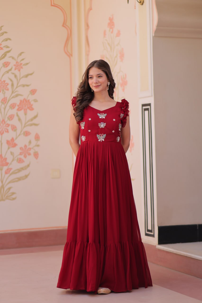 Ceremony Wear Maroon Color Faux Blooming With Sequins With Embroidered Work Gown