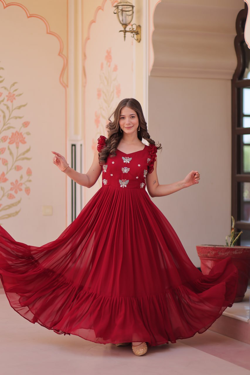 Ceremony Wear Maroon Color Faux Blooming With Sequins With Embroidered Work Gown