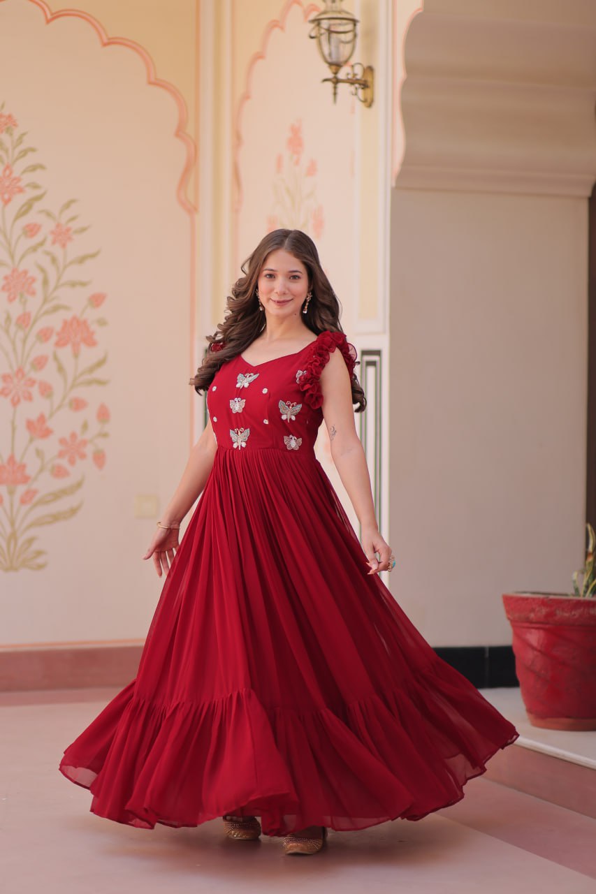 Ceremony Wear Maroon Color Faux Blooming With Sequins With Embroidered Work Gown