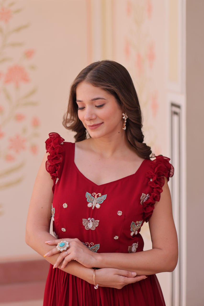 Ceremony Wear Maroon Color Faux Blooming With Sequins With Embroidered Work Gown