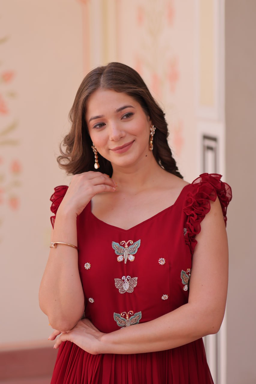 Ceremony Wear Maroon Color Faux Blooming With Sequins With Embroidered Work Gown