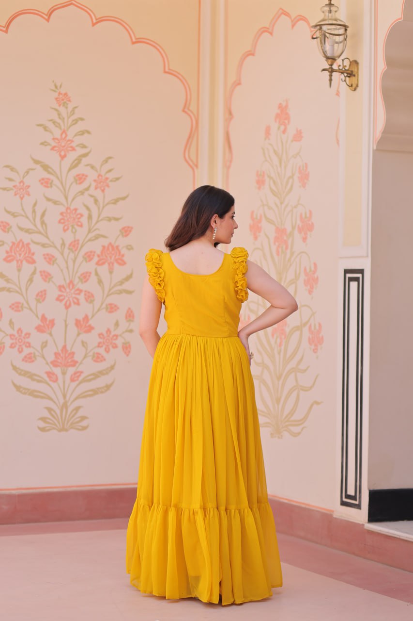 Ceremony Wear Yellow Color Faux Blooming With Sequins With Embroidered Work Gown