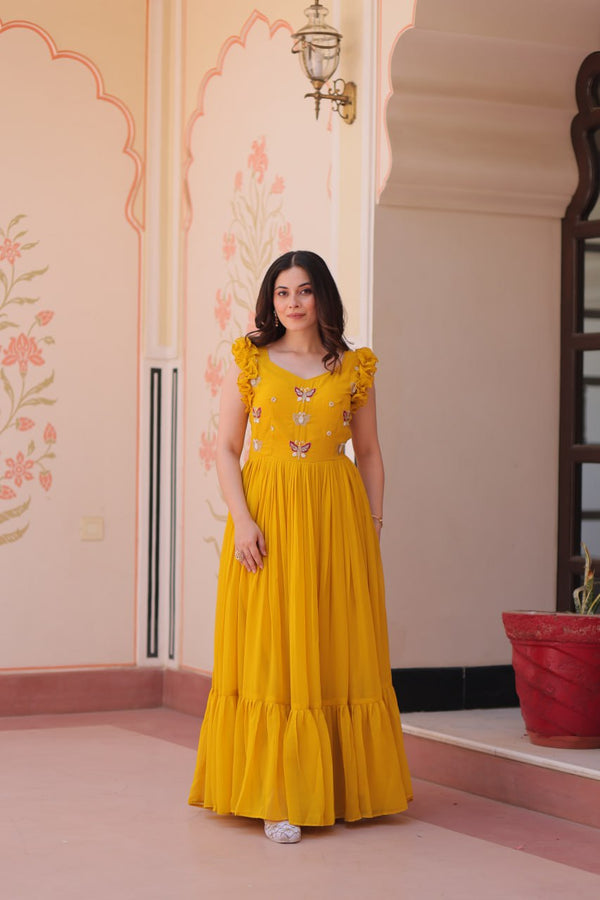 Ceremony Wear Yellow Color Faux Blooming With Sequins With Embroidered Work Gown