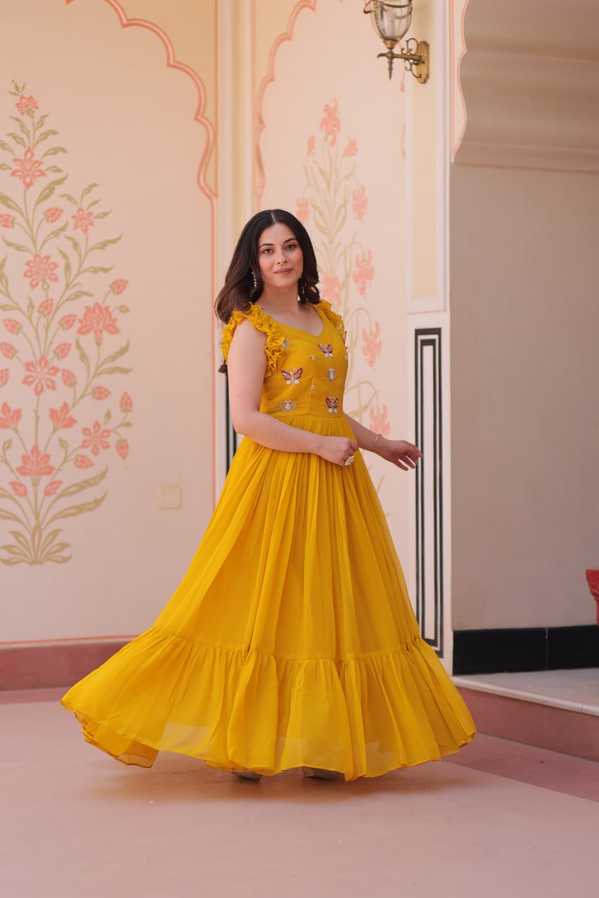 Ceremony Wear Yellow Color Faux Blooming With Sequins With Embroidered Work Gown