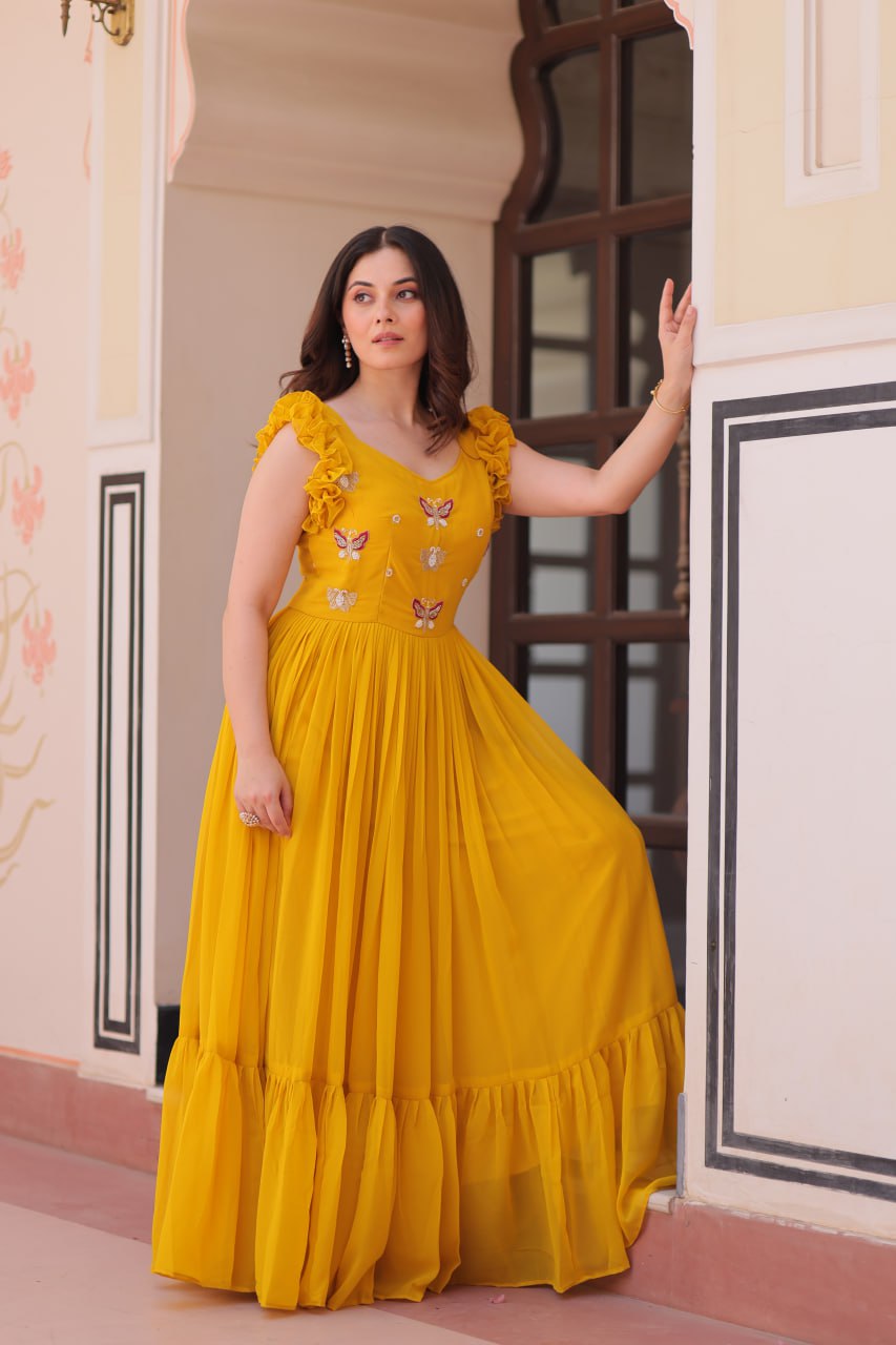 Ceremony Wear Yellow Color Faux Blooming With Sequins With Embroidered Work Gown
