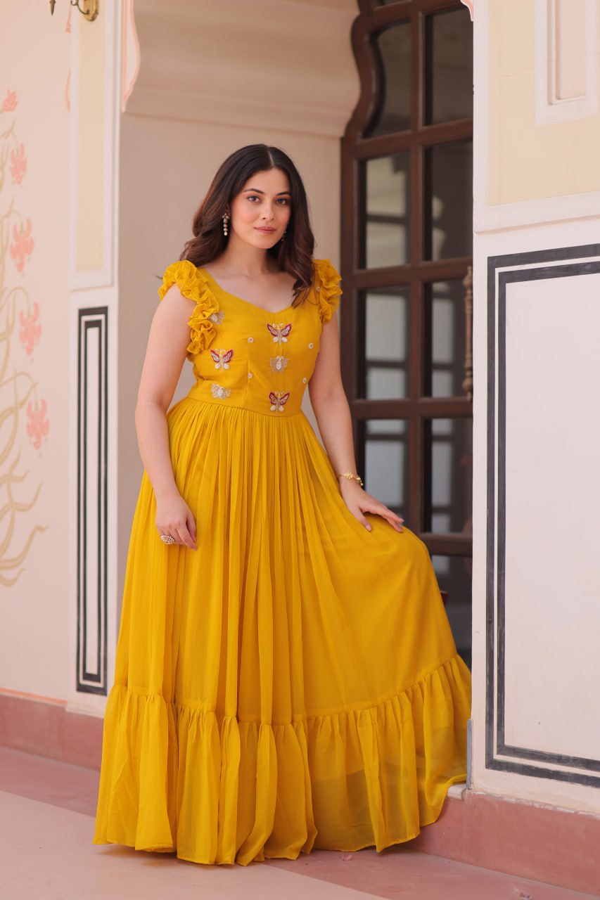 Ceremony Wear Yellow Color Faux Blooming With Sequins With Embroidered Work Gown
