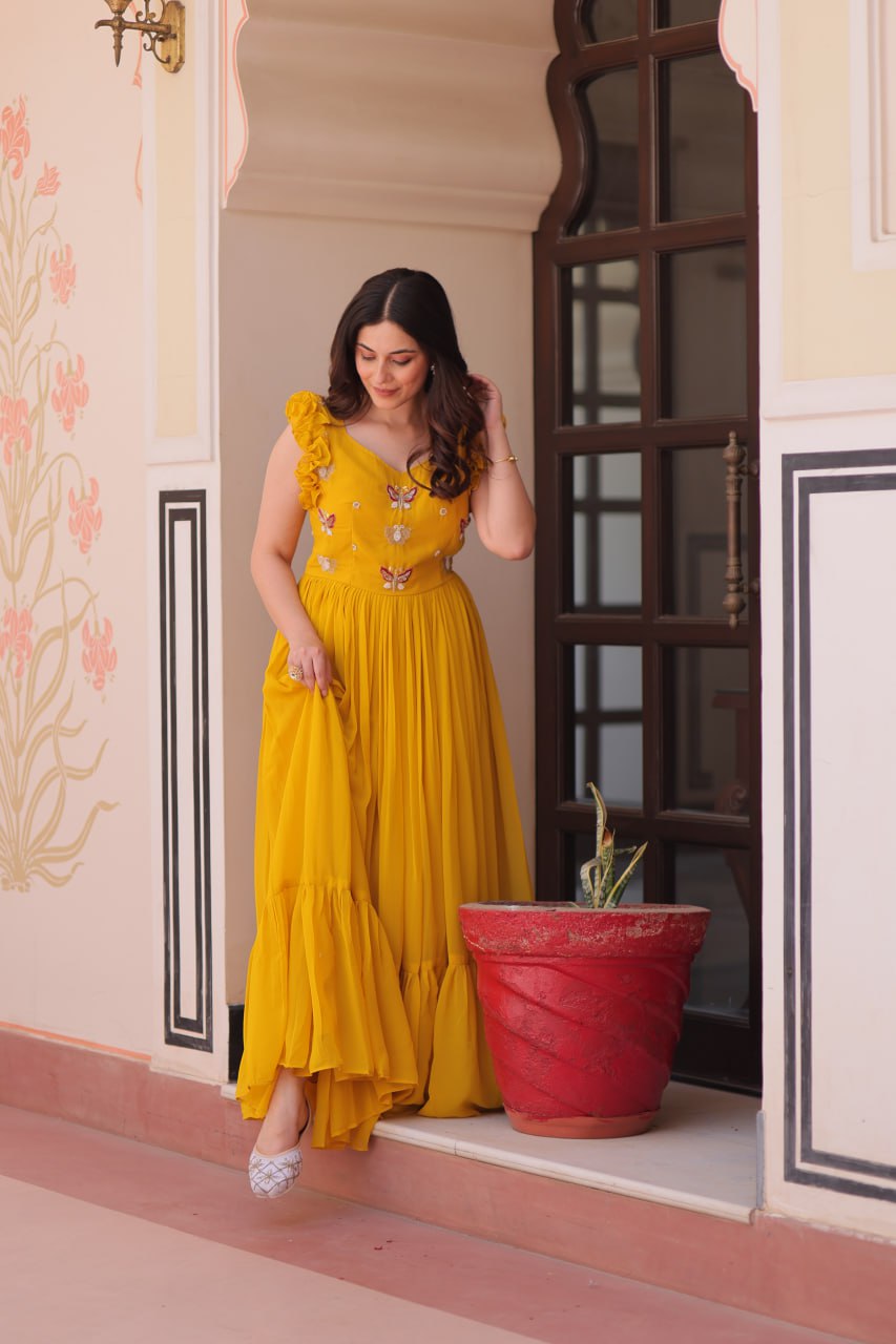 Ceremony Wear Yellow Color Faux Blooming With Sequins With Embroidered Work Gown