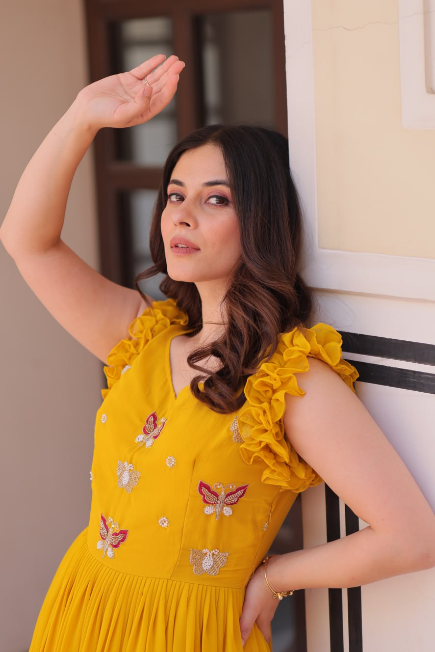 Ceremony Wear Yellow Color Faux Blooming With Sequins With Embroidered Work Gown
