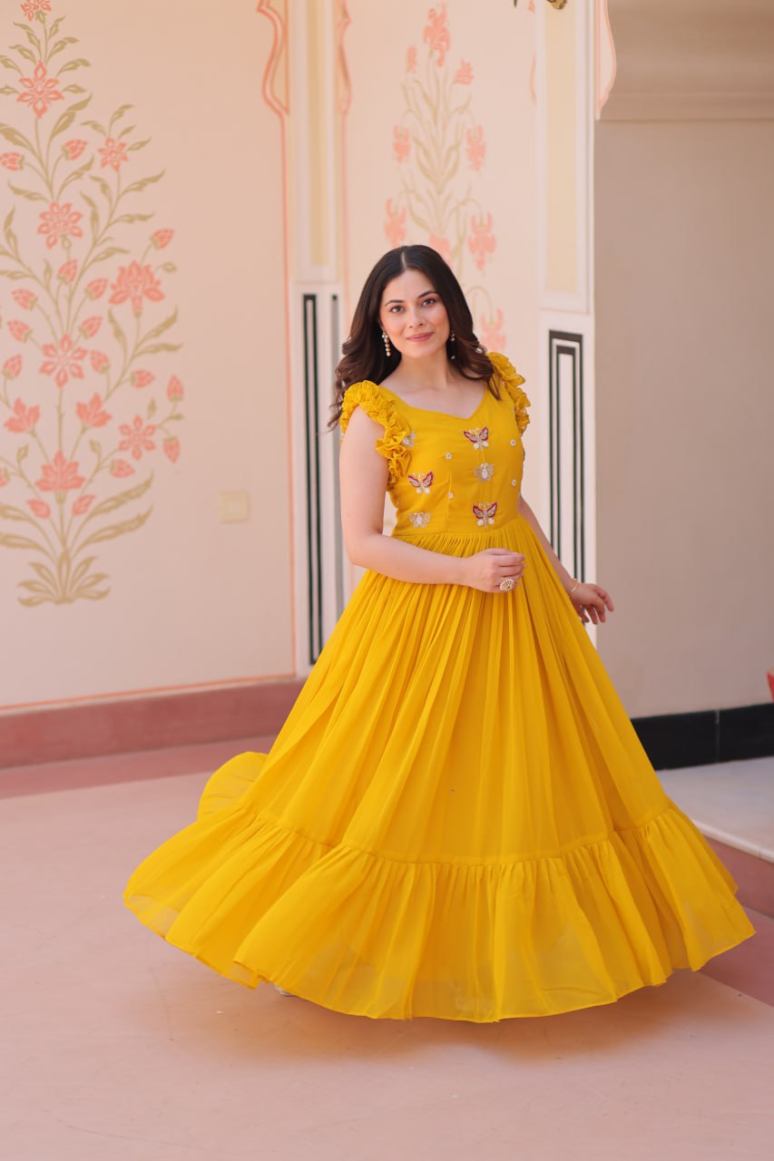 Ceremony Wear Yellow Color Faux Blooming With Sequins With Embroidered Work Gown