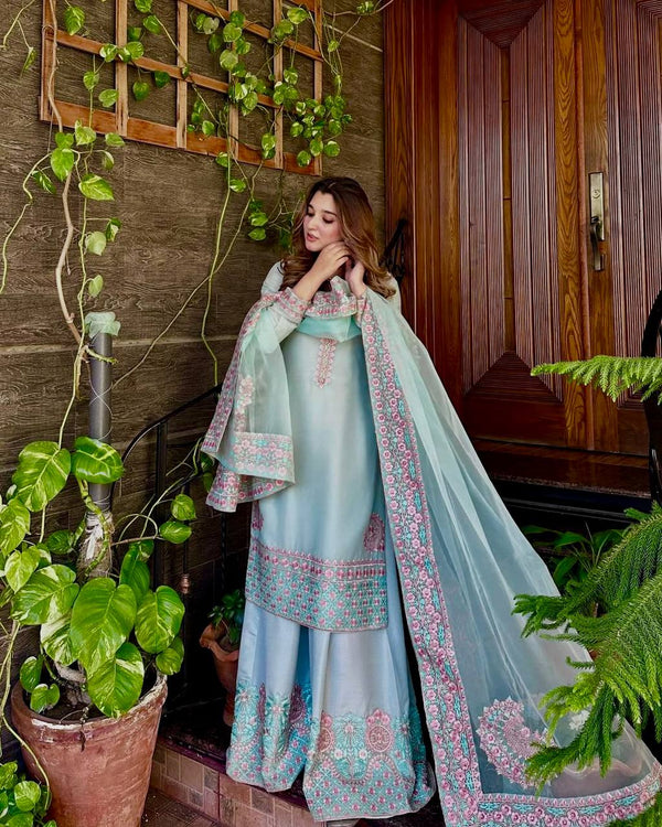 Sky Blue Color Designer Embroidered Palazzo Suit