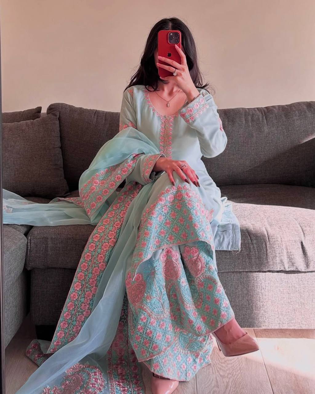 Sky Blue Color Designer Embroidered Palazzo Suit