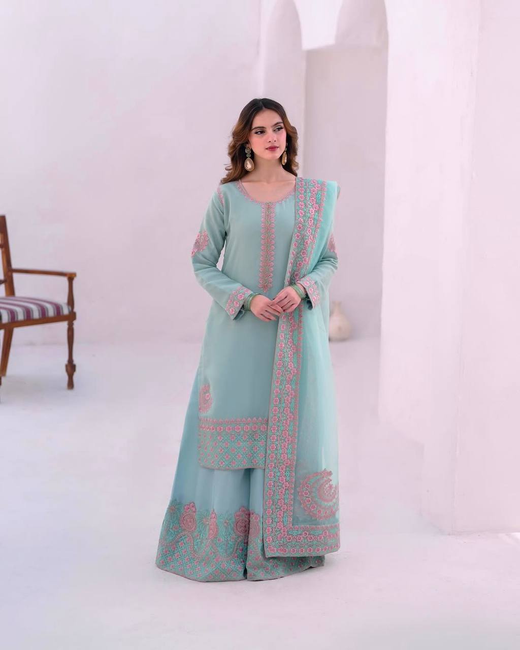 Sky Blue Color Designer Embroidered Palazzo Suit