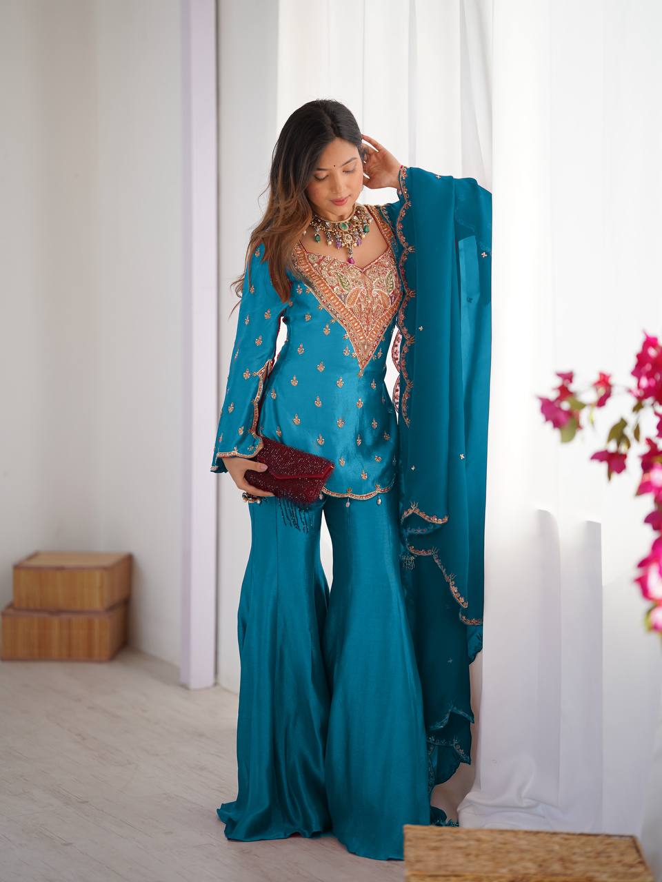 Wedding Wear Blue Color Heavy Embroidered Work Designer Palazzo Suit