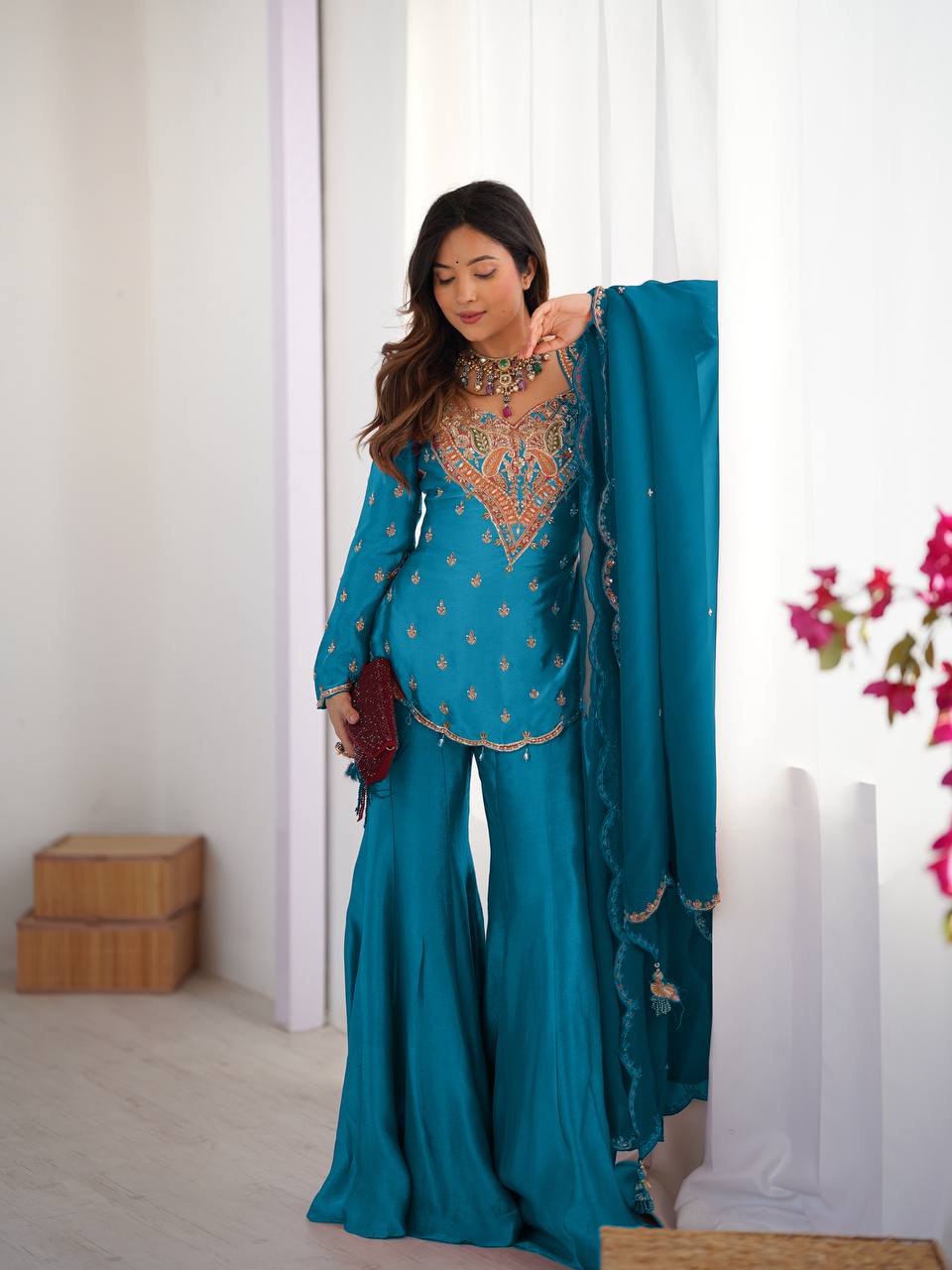 Wedding Wear Blue Color Heavy Embroidered Work Designer Palazzo Suit
