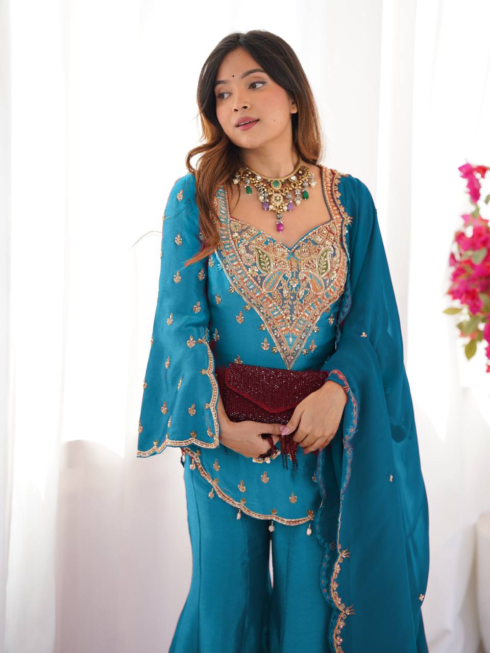 Wedding Wear Blue Color Heavy Embroidered Work Designer Palazzo Suit