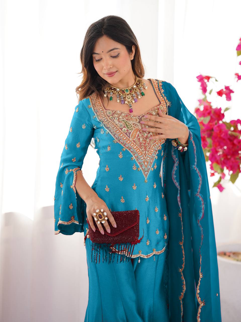 Wedding Wear Blue Color Heavy Embroidered Work Designer Palazzo Suit