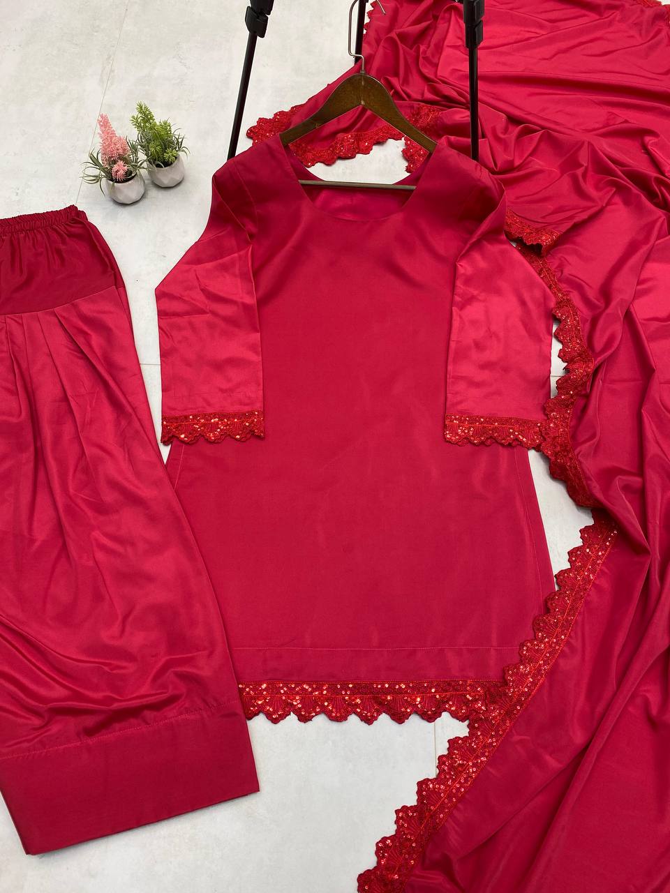 Blissful Red Color French Crape With Sequence Embroidered Work Salwar Suit