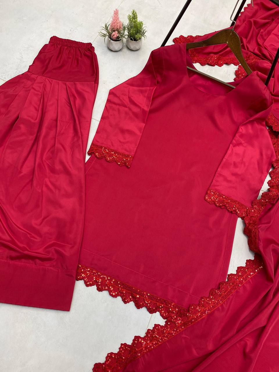 Blissful Red Color French Crape With Sequence Embroidered Work Salwar Suit