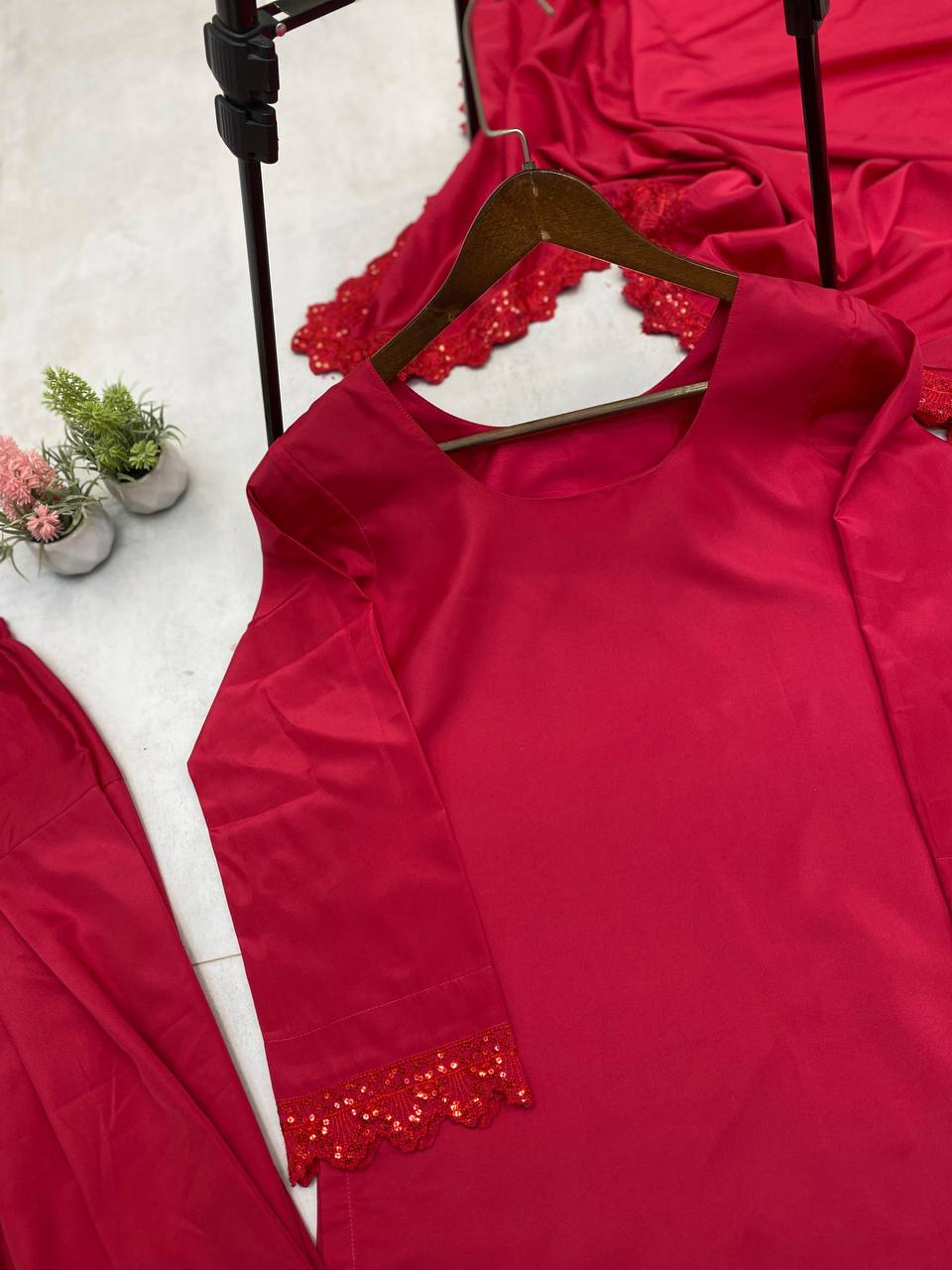 Blissful Red Color French Crape With Sequence Embroidered Work Salwar Suit