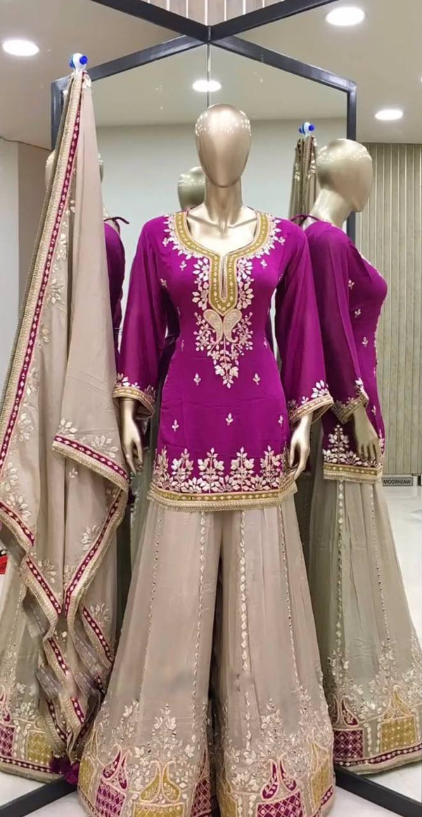 Festive Wear Burgundy Color Heavy Faux Georgette With Embroidery Sequence Work Sharara Suit