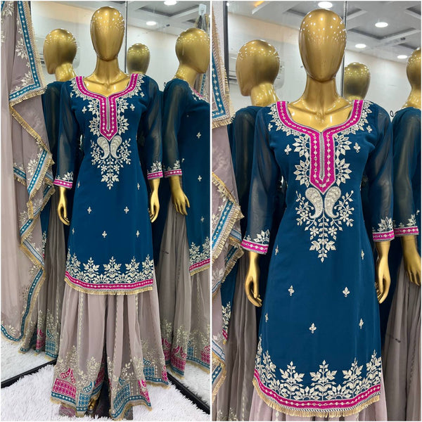 Festive Wear Teal Blue Color Heavy Faux Georgette With Embroidery Sequence Work Sharara Suit