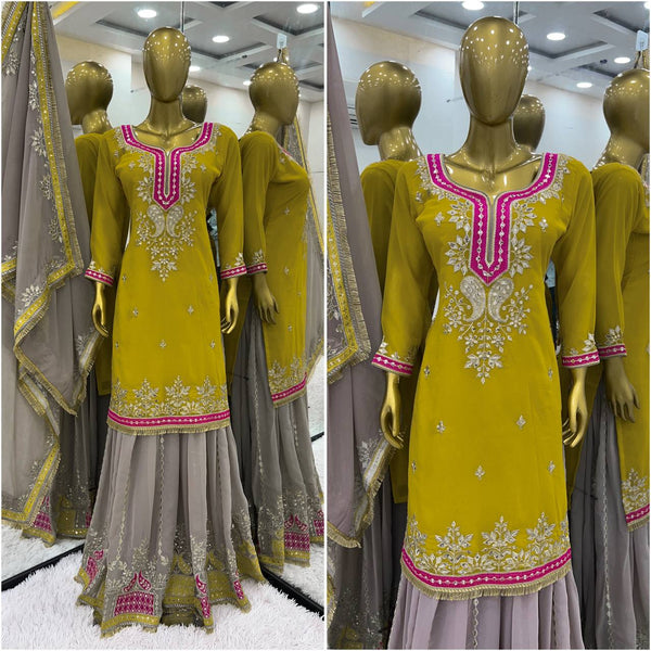 Festive Wear Yellow Color Heavy Faux Georgette With Embroidery Sequence Work Sharara Suit