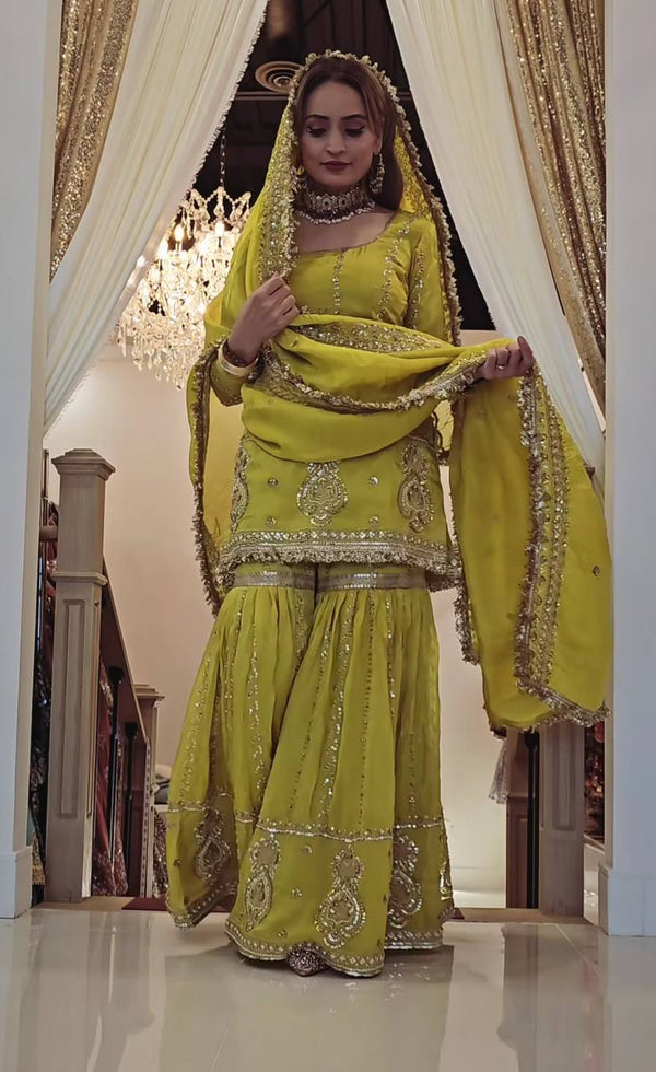 Party Wear Mustard Color Chinon Silk With Heavy Embroidery Work Sharara Suit