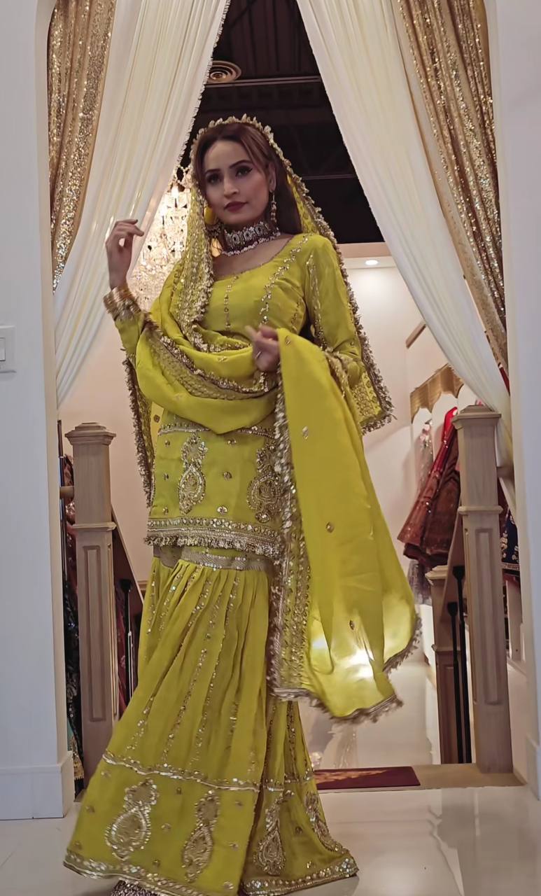 Party Wear Mustard Color Chinon Silk With Heavy Embroidery Work Sharara Suit