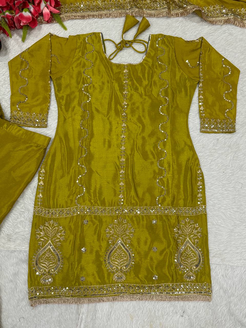 Party Wear Mustard Color Chinon Silk With Heavy Embroidery Work Sharara Suit