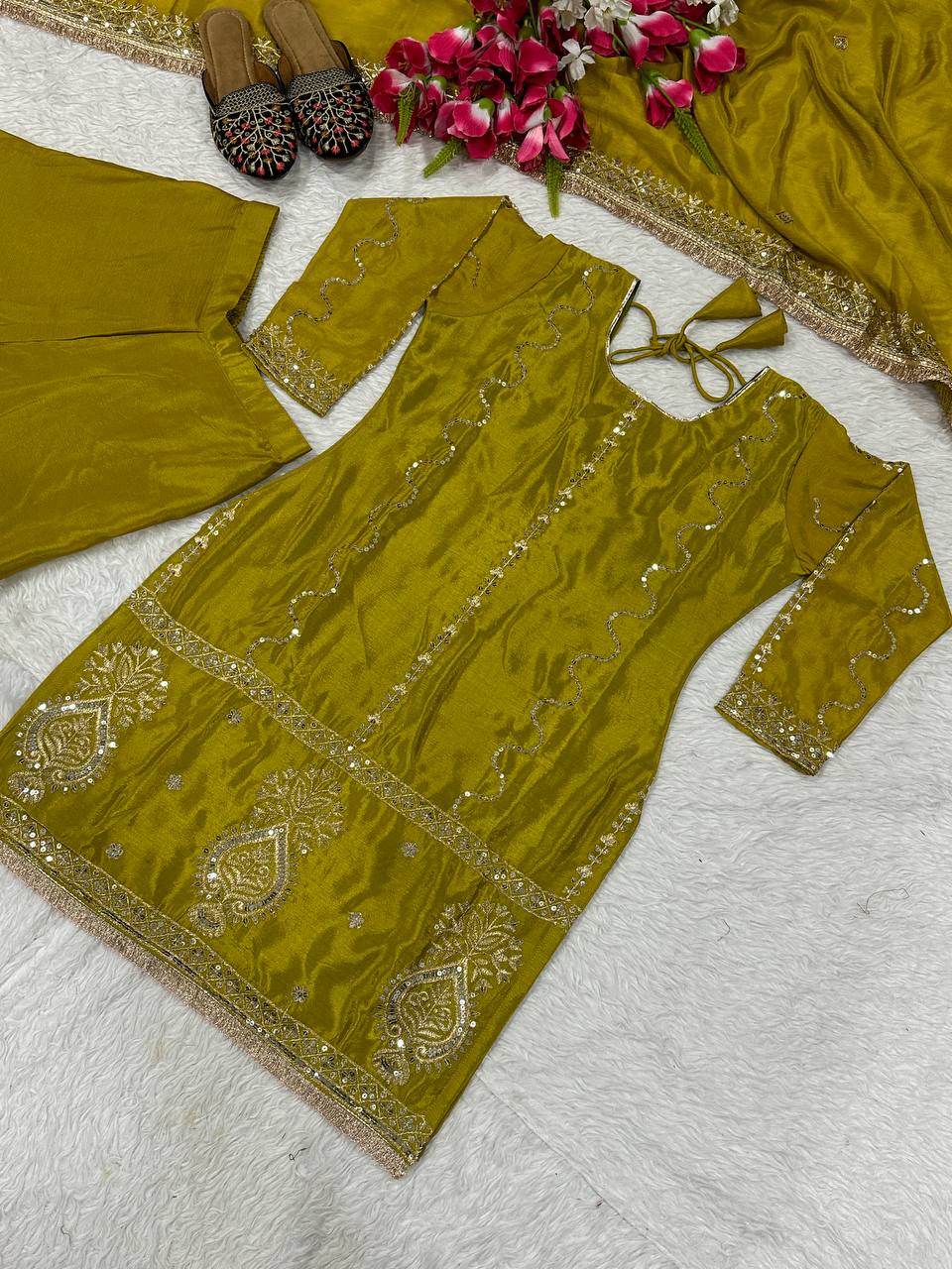 Party Wear Mustard Color Chinon Silk With Heavy Embroidery Work Sharara Suit