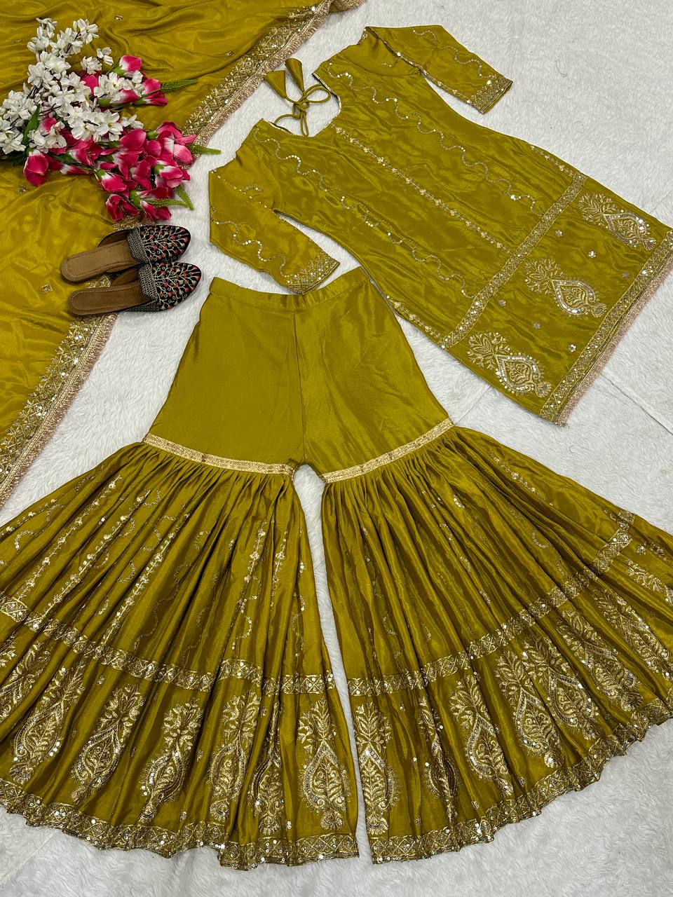 Party Wear Mustard Color Chinon Silk With Heavy Embroidery Work Sharara Suit